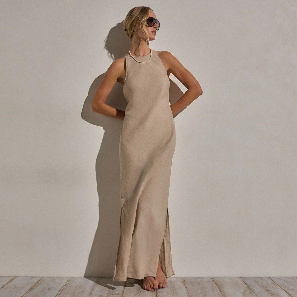 James Perse Los Angeles Linen Halter Maxi Dress Sleeveless Beige XS-0 290230
